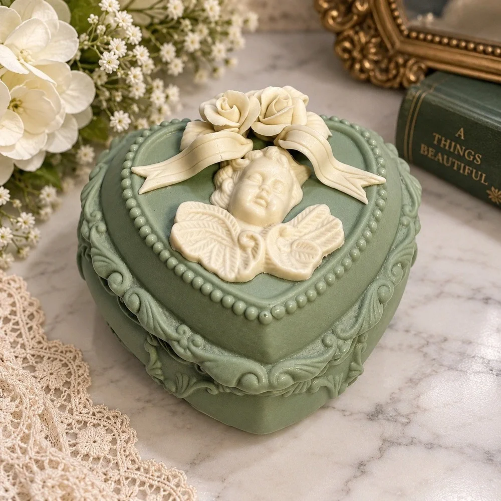 Vintage Style Sage Green Heart Cherub Trinket Box Roses Angel Jewelry Case Cameo